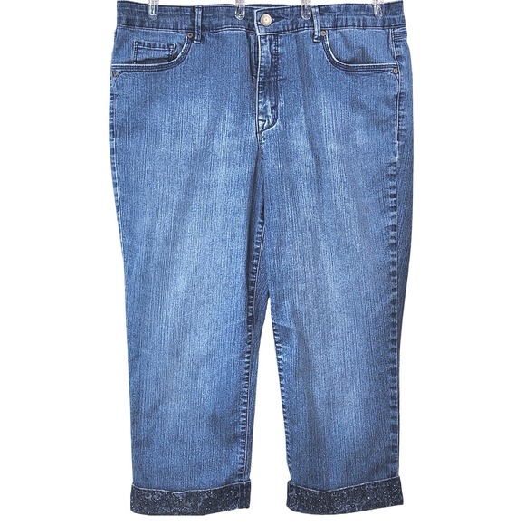 Christopher & Banks Denim - Christopher & Banks Womens Blue Rhinestone Paisley Cuff Capri Jeans Size 14P